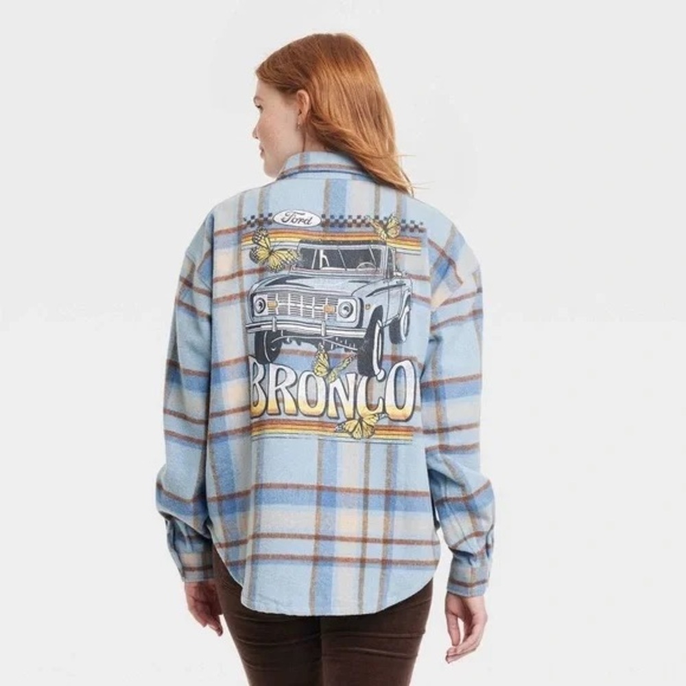 Ford Plaid Flannel Jacket with Bronco Graphic - Blue & Tan